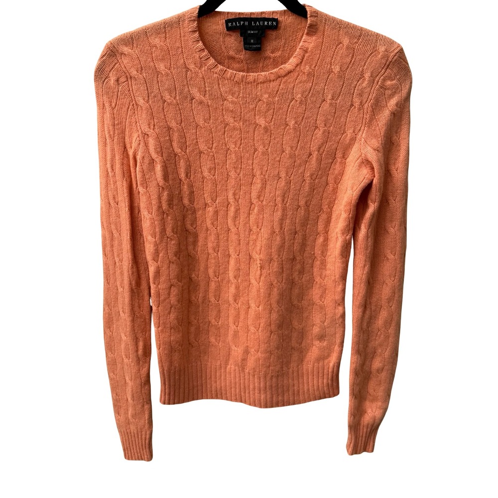 Ralph Lauren Cashmere Preppy Old Money Cozy Cable Knit Slim Fit Sweater Orange M